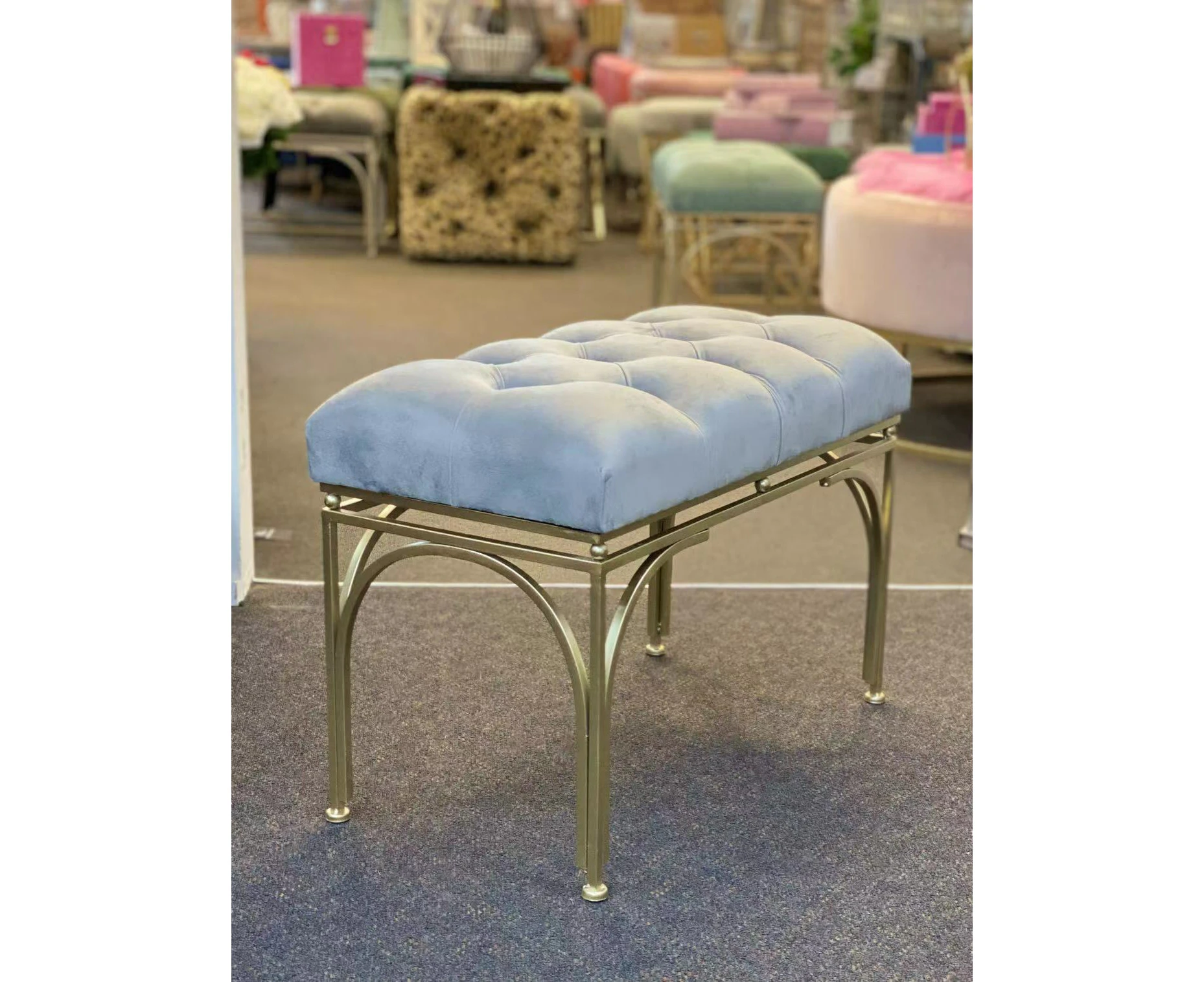 Handmade tufted velvet stool/ bench with metal gold legs 42h- light grey