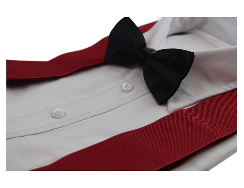 Mens Dark Red 120cm Extra Wide Suspenders & Black Bow Tie Set Polyester