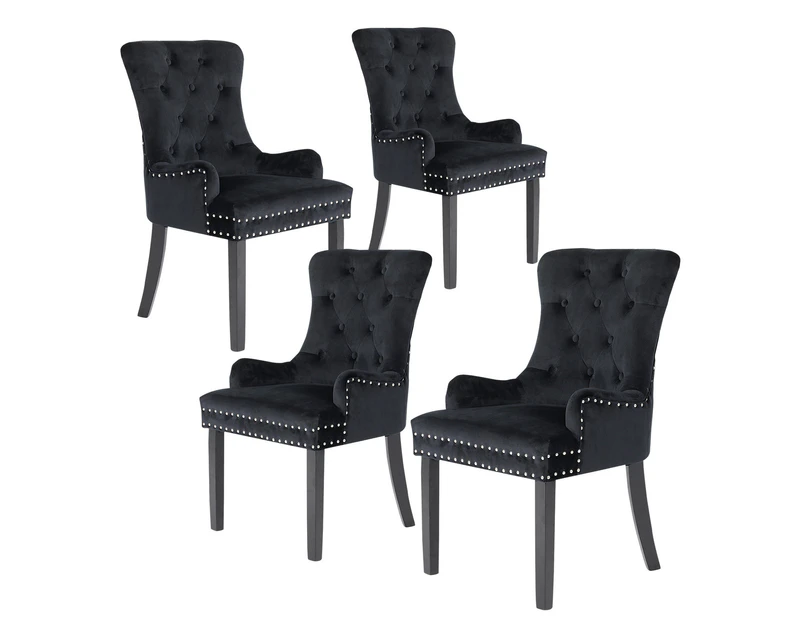 La Bella 4 Set French Provincial Dining Chair Ring Studded Lisse Velvet Rubberwood - Black