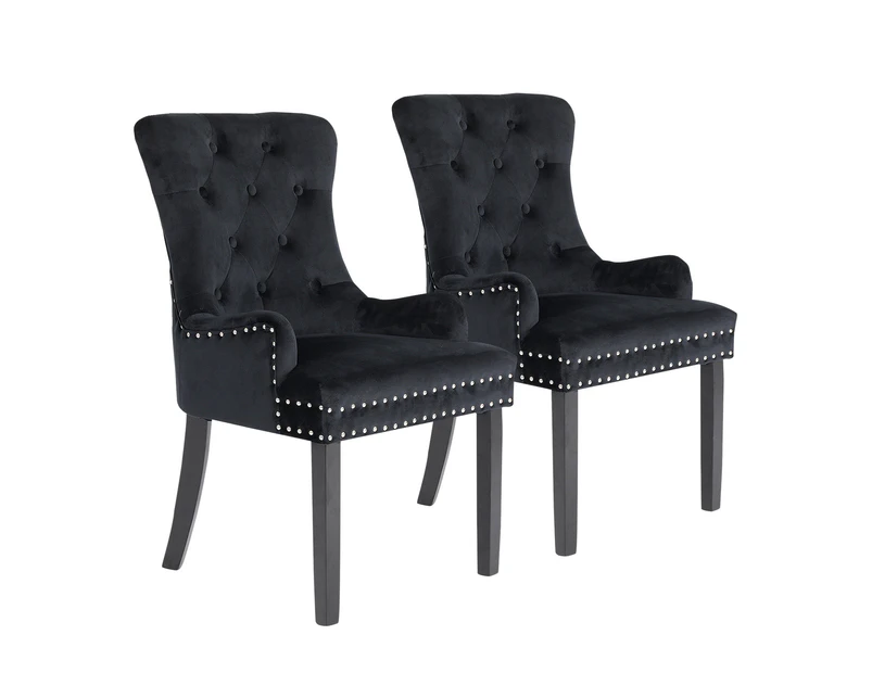 La Bella 2 Set French Provincial Dining Chair Ring Studded Lisse Velvet Rubberwood - Black