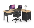 Quadro A Leg - L Shaped Corner Office Desk - Black Leg [1400L x 1700W] - maple, black modesty