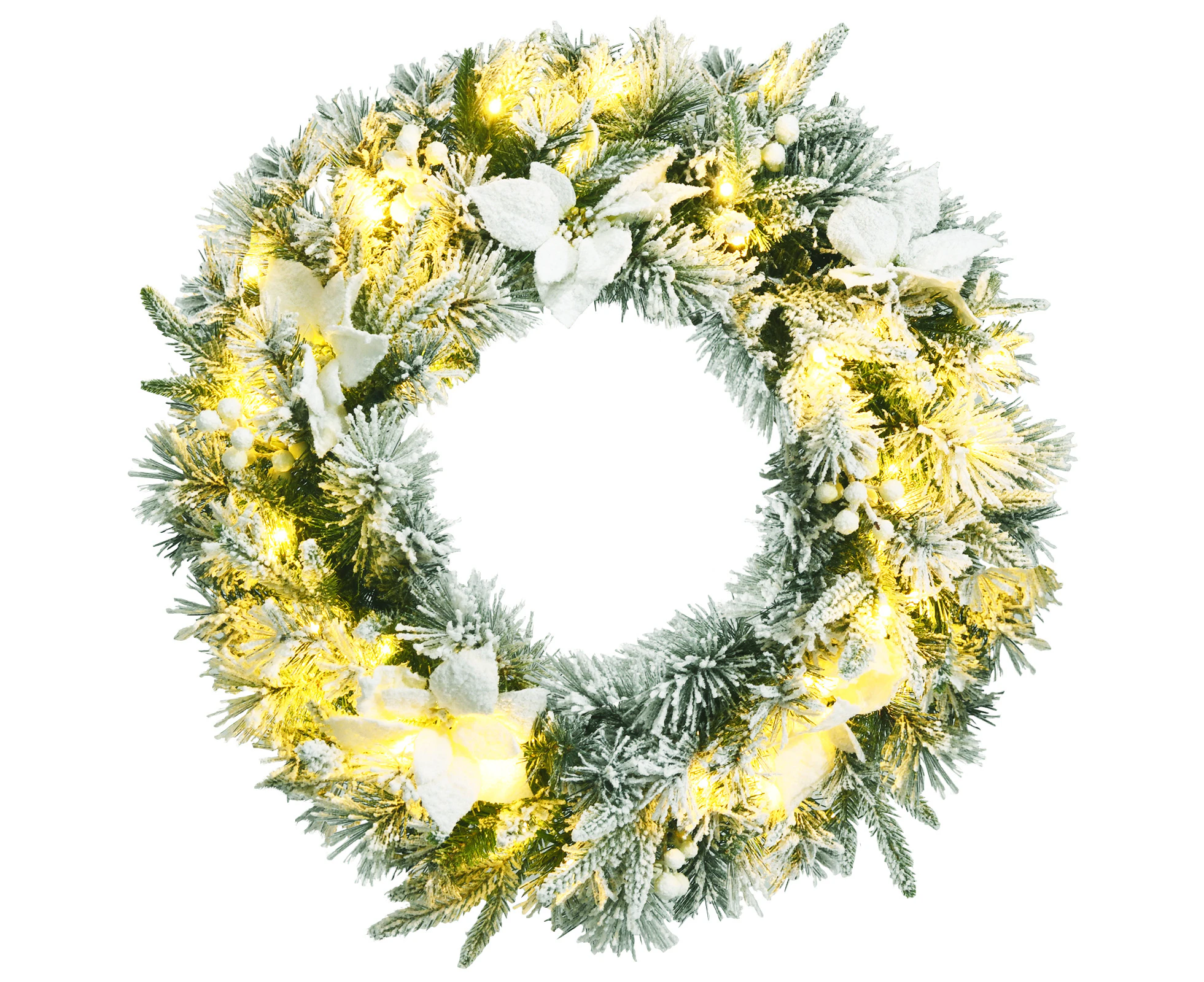 Costway 60CM LED Christmas Wreath Snowy Xmas Decoration w/114Tips Timer/Pine Needles/Poinsettias/White Berries Home Wall Door