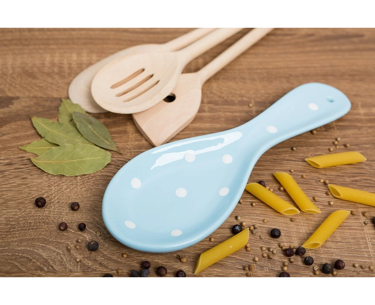 (Spoon Rest) - City to Cottage Light Sky Blue And White Polka Dot Spotty Handmade Hand Painted Ceramic Kitchen Cooking Spoon Rest | Utensil Holder