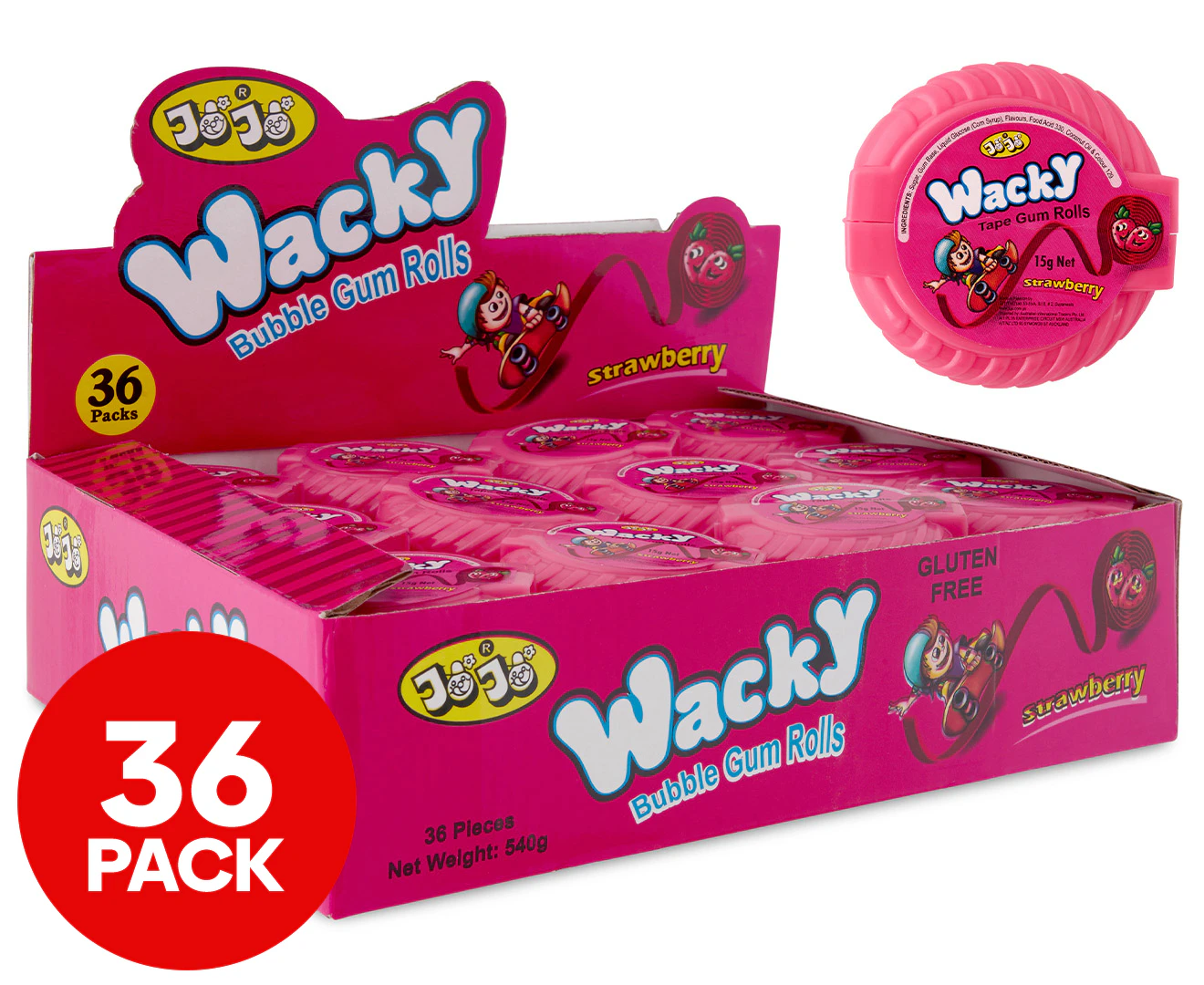 36 x JoJo Wacky Bubble Gum Rolls Strawberry 15g