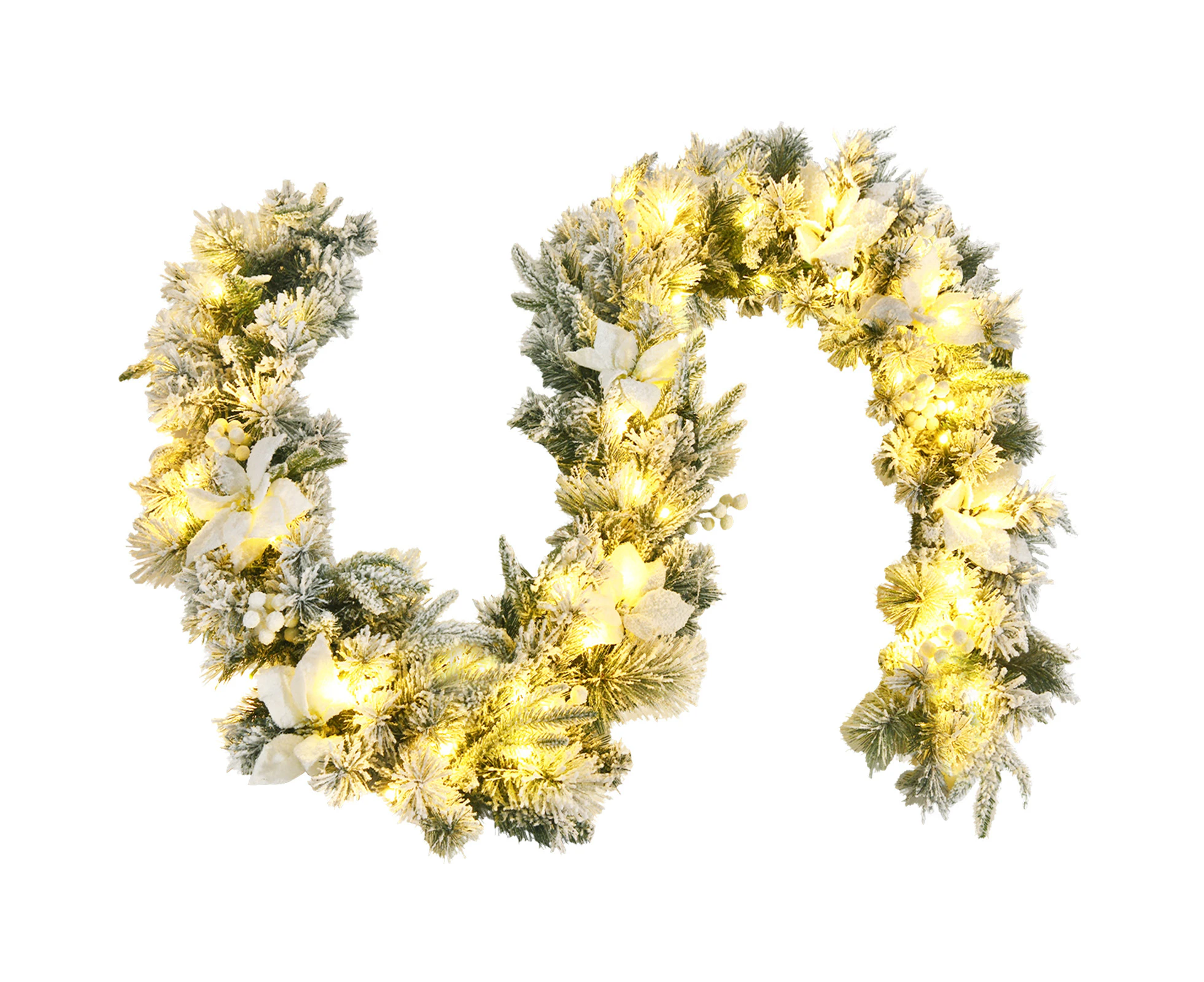 Costway 2.8M LED Christmas Garland Wreath Snowy PVC Hanging Ornaments w/Timer, Wall Door Party Xmas Decor