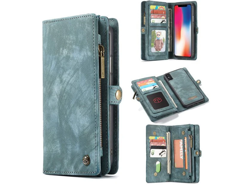 CaseMe For Apple iPhone X/XS Zipper & Detachable Retro Leather Pouch Wallet Flip Purse Bag Detachable Phone Case Cover (Sky Blue)