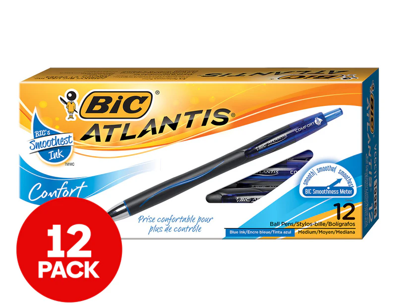 BiC Atlantis Comfort Medium Nib Ballpoint Pens 12-Pack - Blue