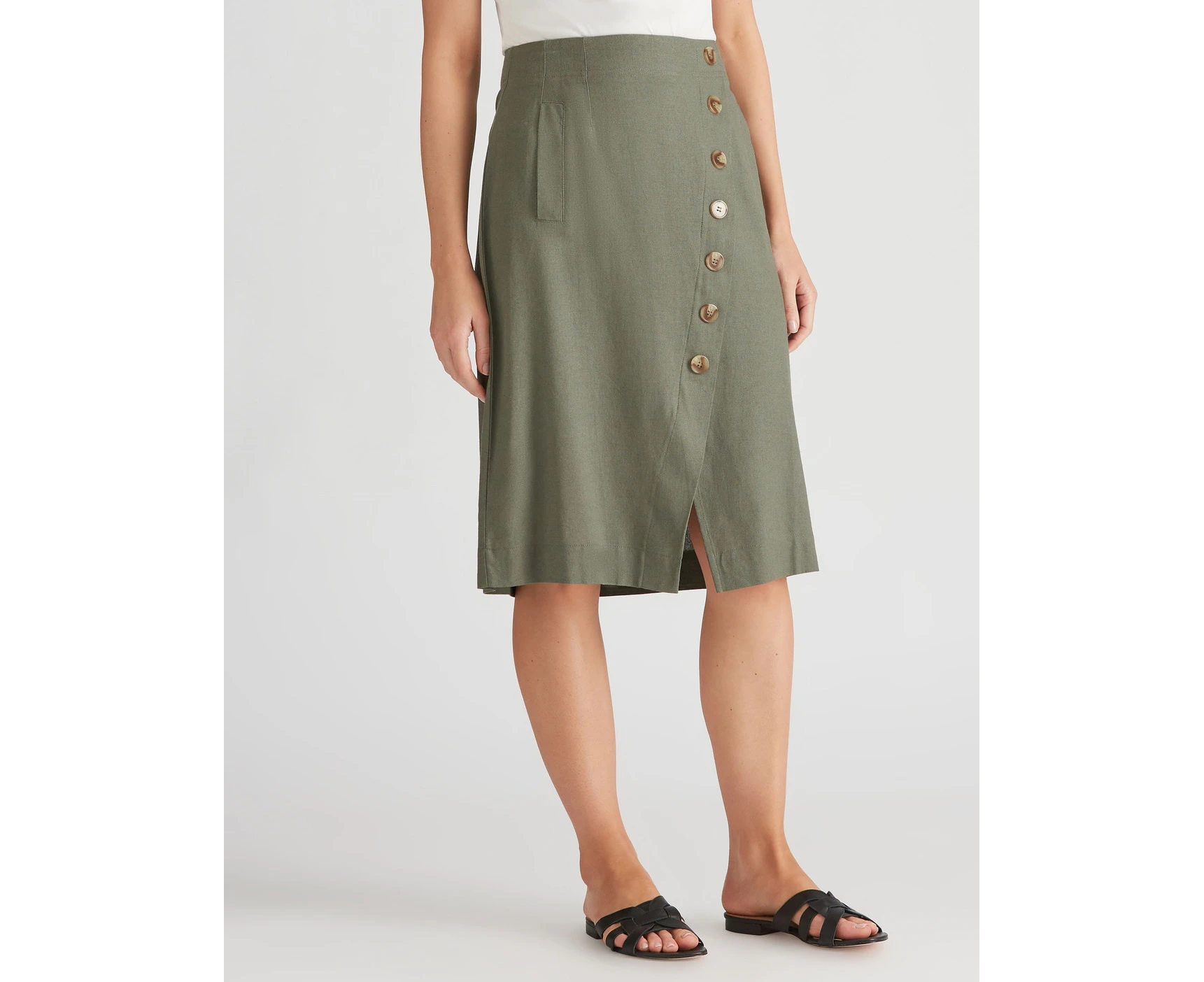 Katies - Womens Skirts - Midi - Summer - Green - Linen - Straight - Work Clothes - Khaki - Relaxed Fit - Wrap - Knee Length - Casual Fashion - Office