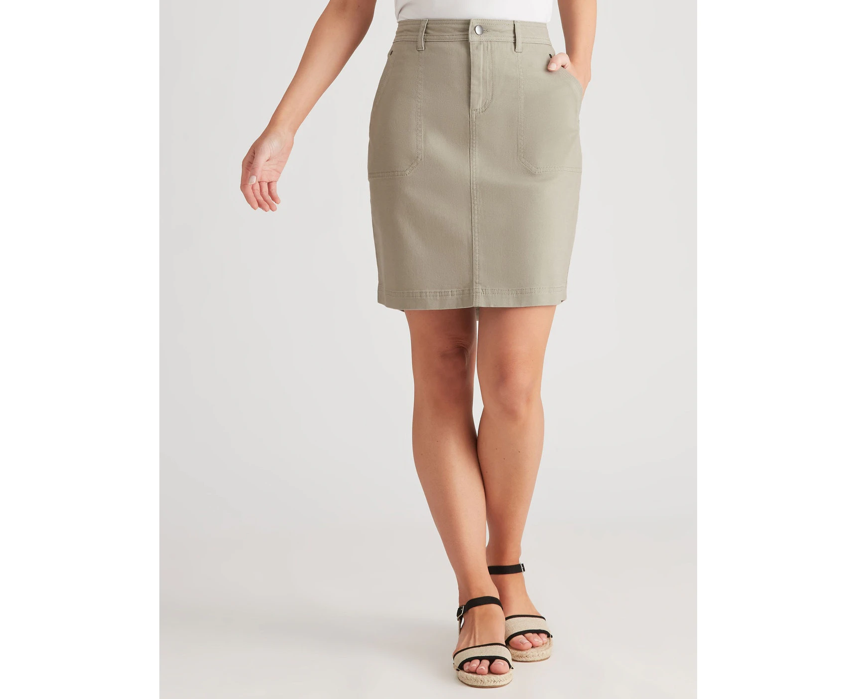 Katies - Womens Skirts - Mini - Green - Cotton - Straight - Casual Fashion - Khaki - Fitted - Elastane - Short - Quality Work Clothes - Office Wear