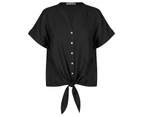 Katies Linen Front Knitwear Back Tie Top - Womens - Black
