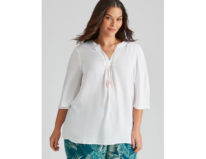 Autograph Woven Elbow Sleeve V Neck Top - Womens - Plus Size Curvy - White
