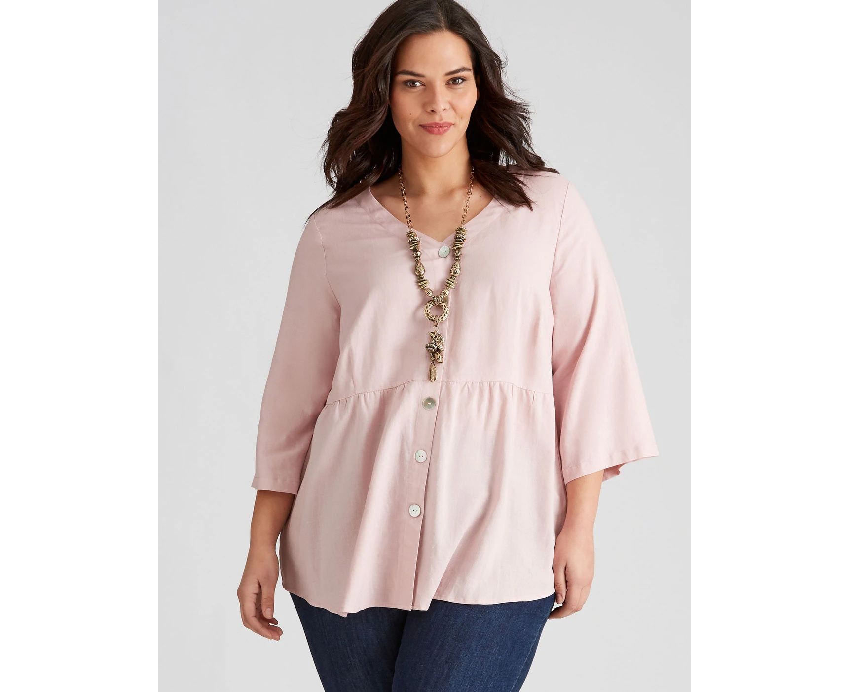 Autograph Woven Linen Blend Elbow Short Long Sleeve Flounce Hem Top - Womens - Plus Size Curvy - Blush