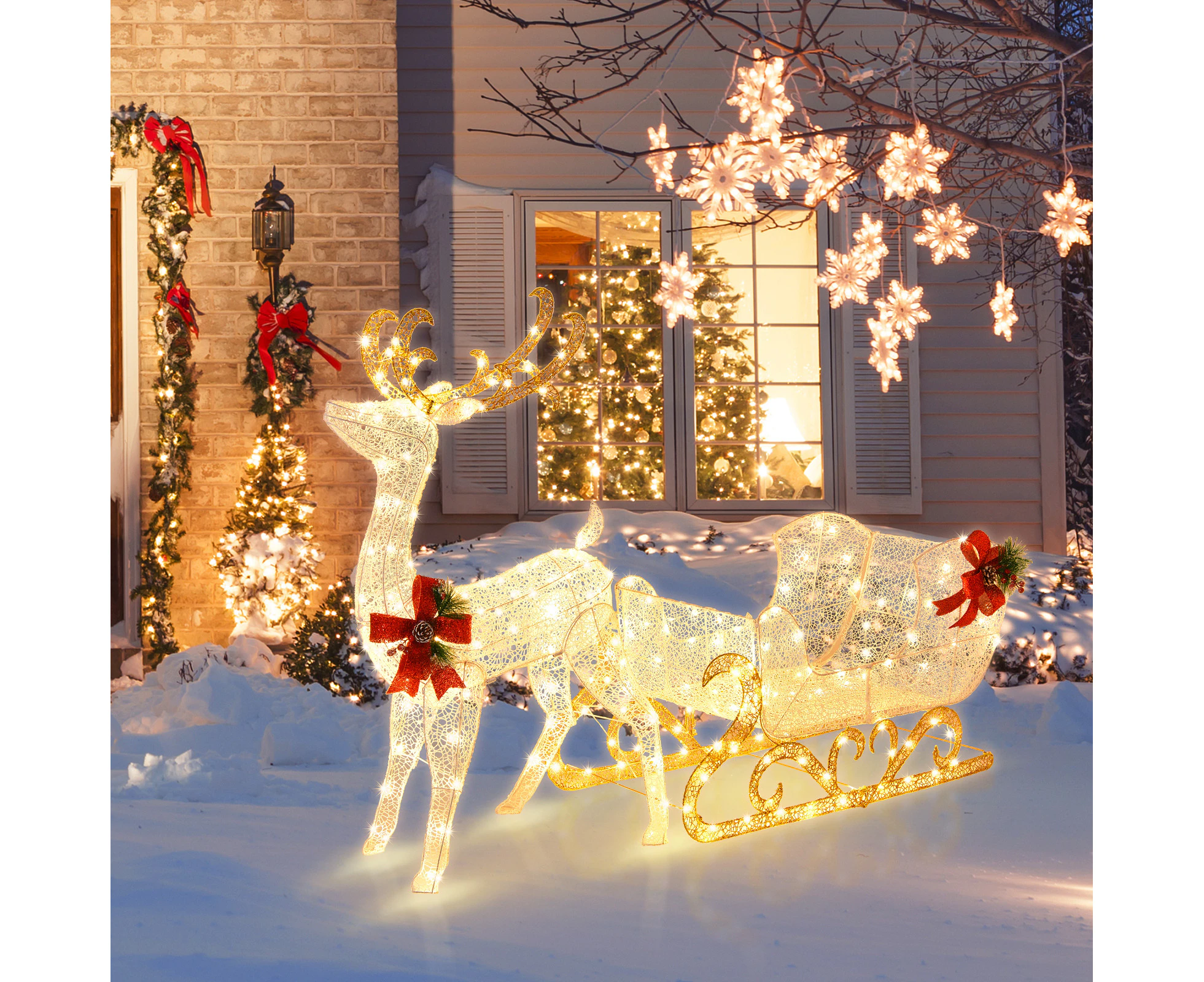 Costway Prelit Christmas Decoration Reindeer Sleigh 215 LED Outdoor Xmas Lights Garden Party Home Decor Gift