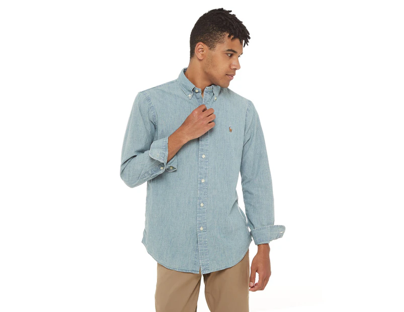 Ralph Lauren Men's Long Sleeve Custom Fit Sport Shirt - Blue Chambray