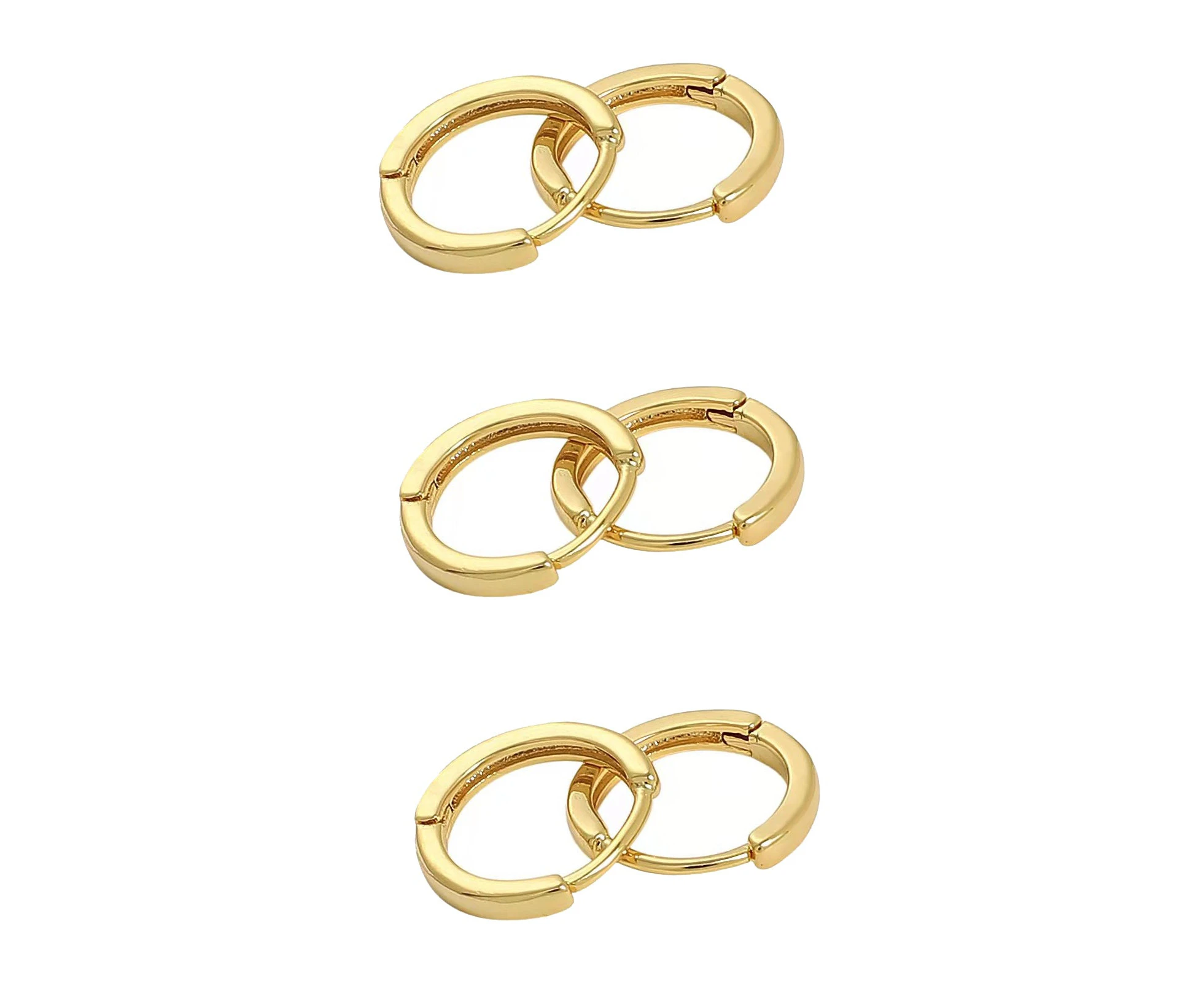 3 Pair 18k Yellow Gold Huggie Hoop Square Hinged Sleeper Earrings Non-allergenic