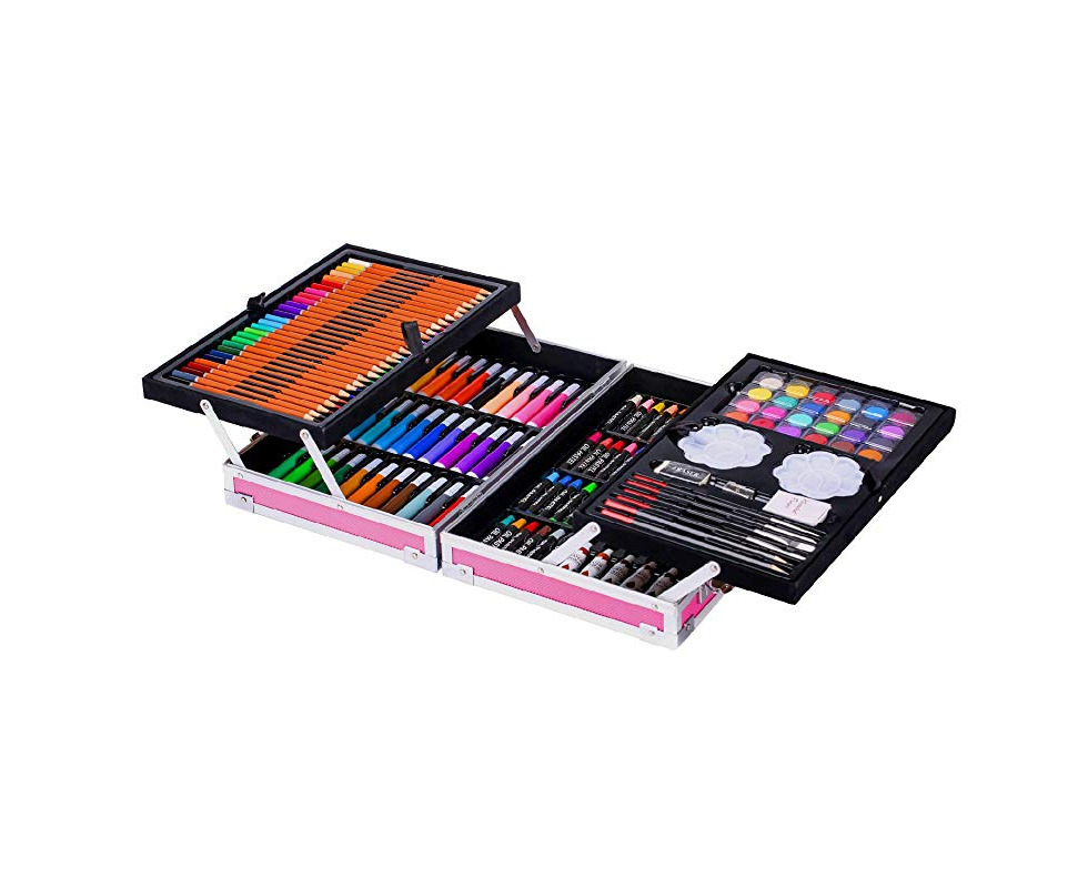 Portable Aluminum Case Art Kit for Kids Kids Art Supplies for Drawing Blue Teens H & B Deluxe Art Set 145-Piece 2 Layers Adults Great Gift for Beginner and Serious Artists Painting 
