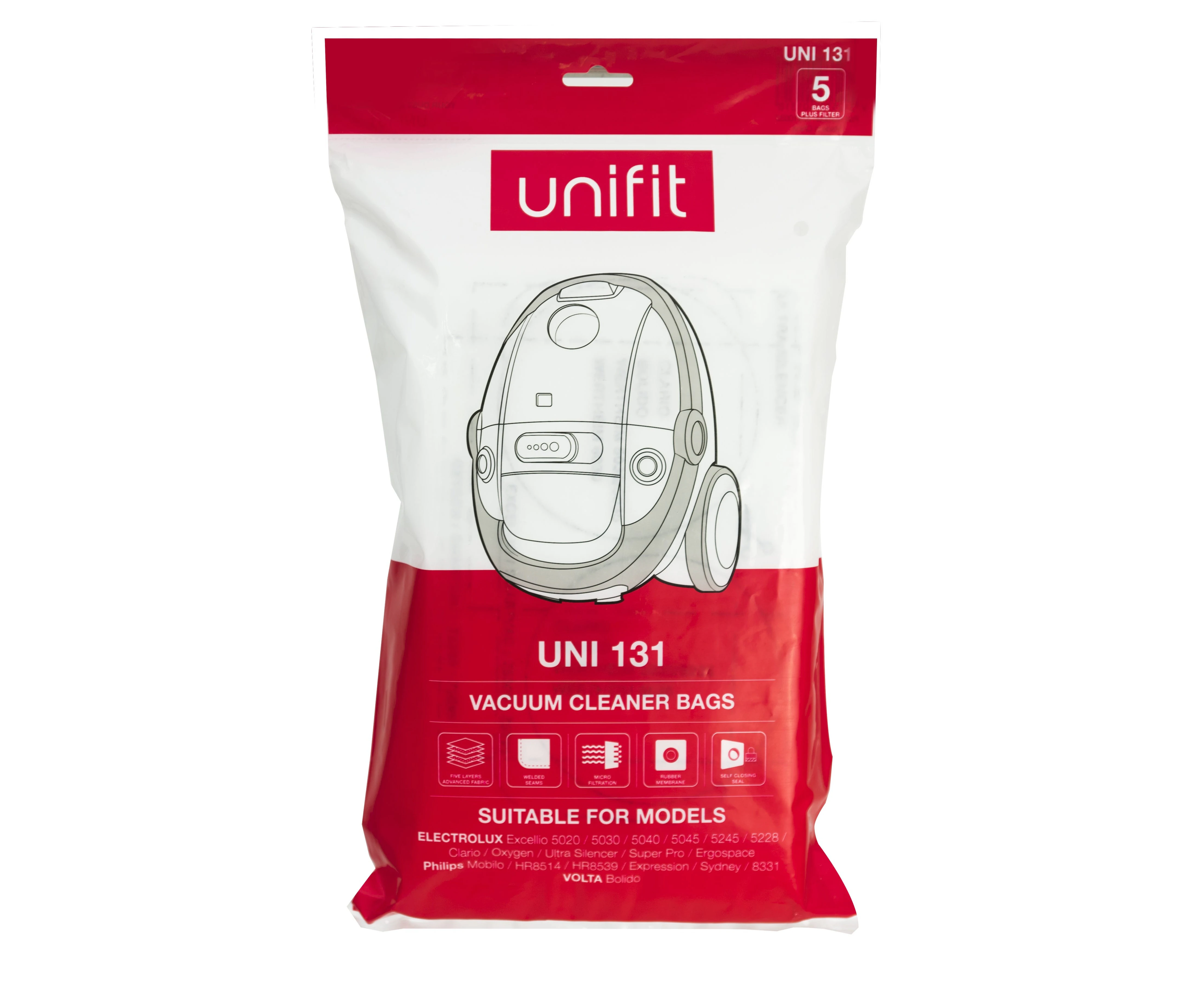 Unifit 131 Cu131 Af201s Synthetic Vacuum Bags 5pk Most Electrolux Philips Wertheim 5030, 5035, 6030, 6035, W7000