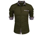 Amoretu Mens Casual Long Sleeve Plaid Collar Polo Shirt with Pockets-Green