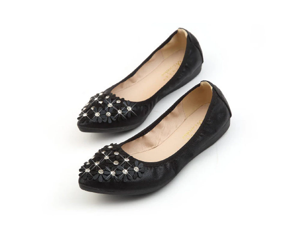 Amoretu Womens Wedding Flats Rhinestone Slip On Foldable Ballet Shoes-Black