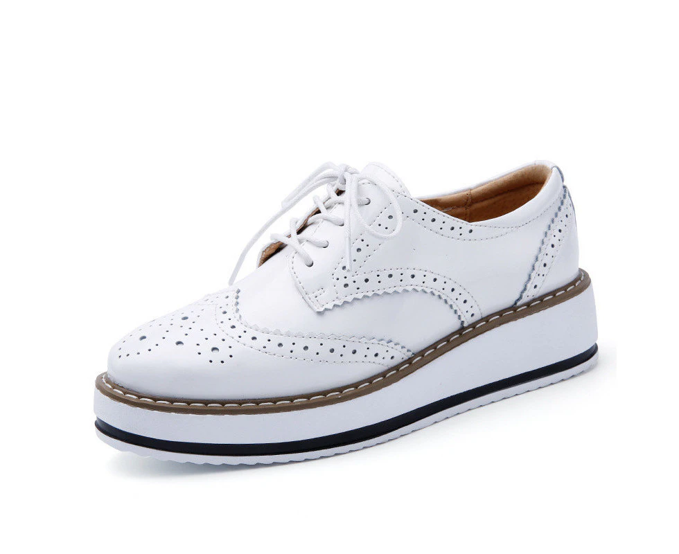 Amoretu Women's Platform Lace-Up Square Toe Oxford Shoes-White