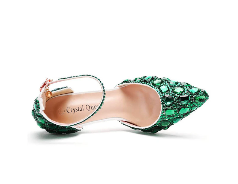 Amoretu 7.5CM Rhinestone Thin High Heels Pointed Toe Fashion Sandals-Green