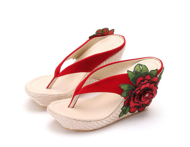Amoretu Bohemia Flower Wedges Sandals Flip Flops For Women-Red