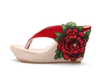 Amoretu Bohemia Flower Wedges Sandals Flip Flops For Women-Red