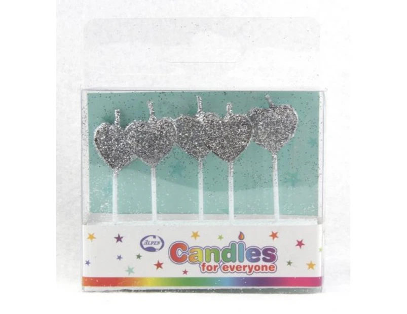 Cake Candles - Silver Hearts 5 pk