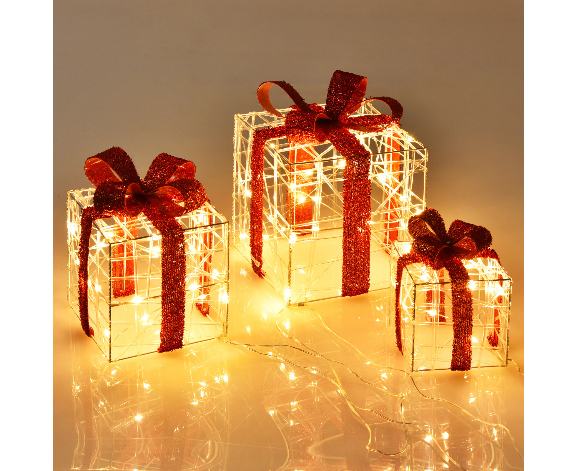 Costway 3-Pack Pre-Lit Christmas Decoration Xmas Gift Present Boxes 60 LED Lights Indoor Outdoor Xmas Decor