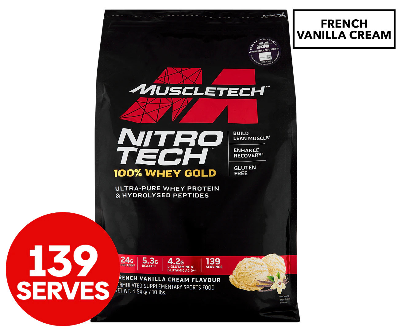 MuscleTech Nitro Tech 100% Whey Gold Protein Powder French Vanilla Cream 4.54kg / 139 Serves