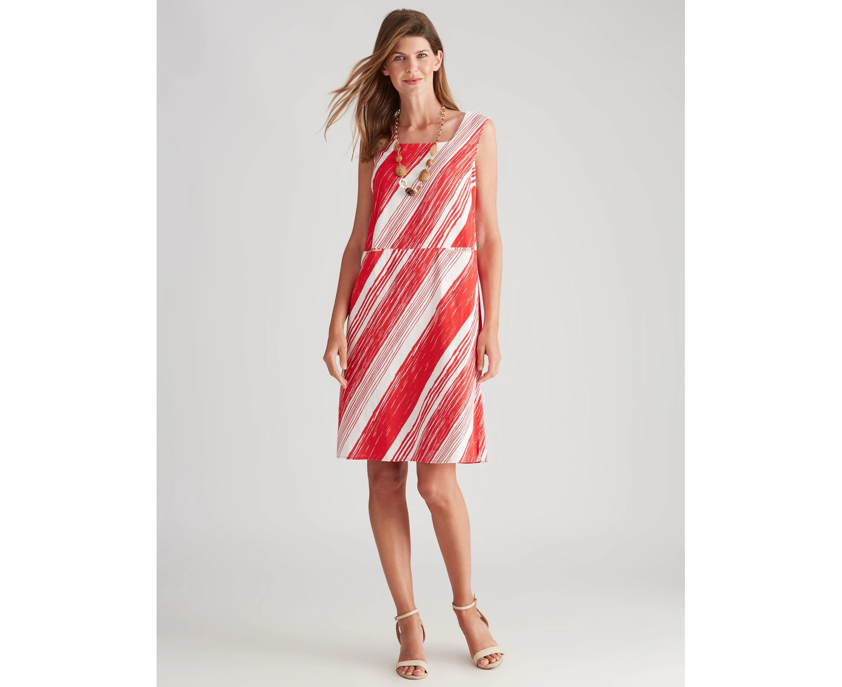 W Lane - Womens - Dress - Summer - Shift - Red Linen - Sleeveless - Square Neck - Striped - A Line - Office Wear - Work Clothes - Casual Fashion