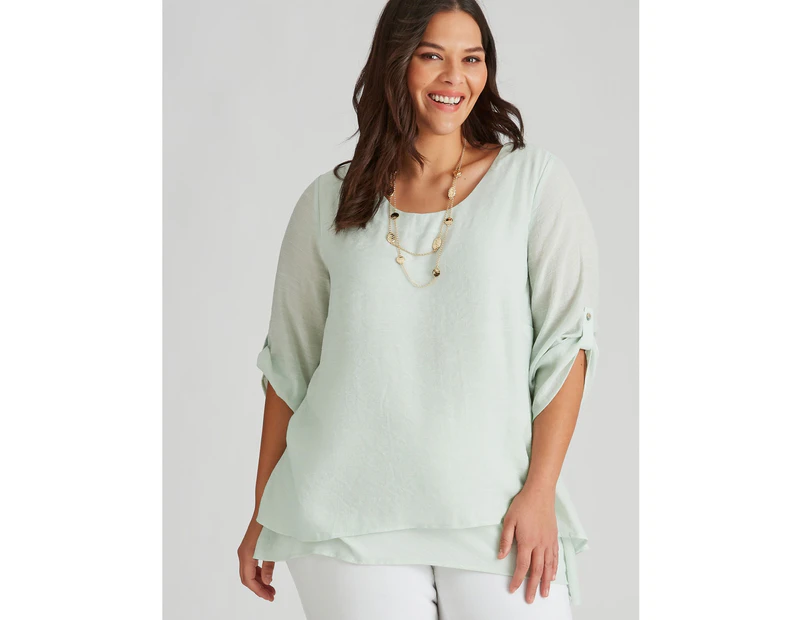 Autograph Woven 3/4 Slv Roll Up Top - Womens - Plus Size Curvy - Soft Turquoise