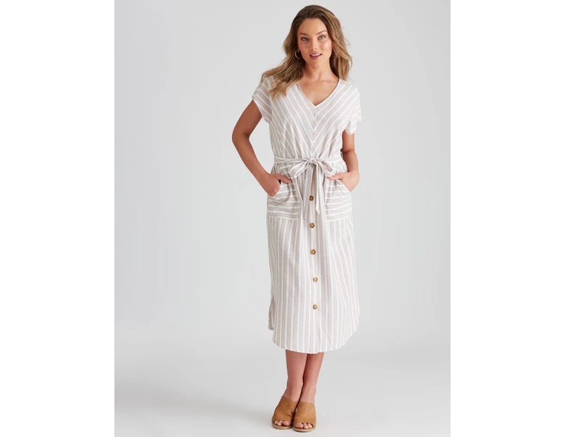 Rockmans Sleeveless Linen Stripe Dress - Womens - Stripe