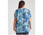 Beme Extended Sleeve Woven Gathered Shoulder Top - Womens - Plus Size Curvy - Aqua Paisley