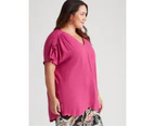 Beme Extended Sleeve Woven Gathered Shoulder Top - Womens - Plus Size Curvy - Festival Fuschia