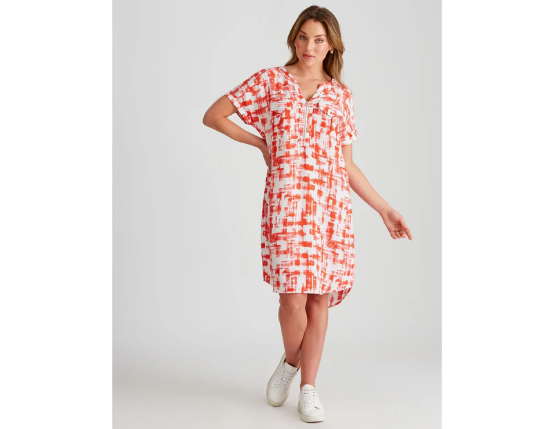 Rockmans Extended Sleeve Knee Length Shirt Dress - Womens - Red Abstract