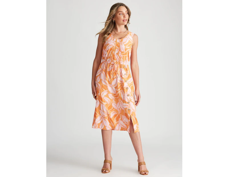 Rockmans Linen Midi Length Side Button Dress - Womens - Peach Tropical