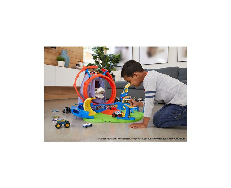 Hot Wheels Monster Truck T-Rex Volcano Arena Track Playset with Lights &  Sounds