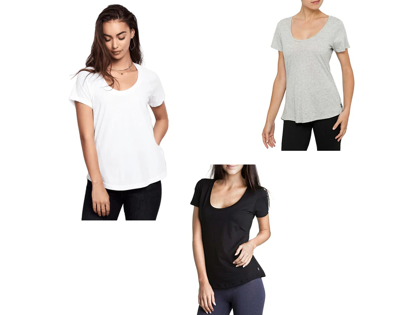 3 x Bonds Womens Scoop Neck Tee T-Shirt Top Cotton Black White Grey Cotton/Elastane - 1 x Black, 1 x White, 1 x Grey