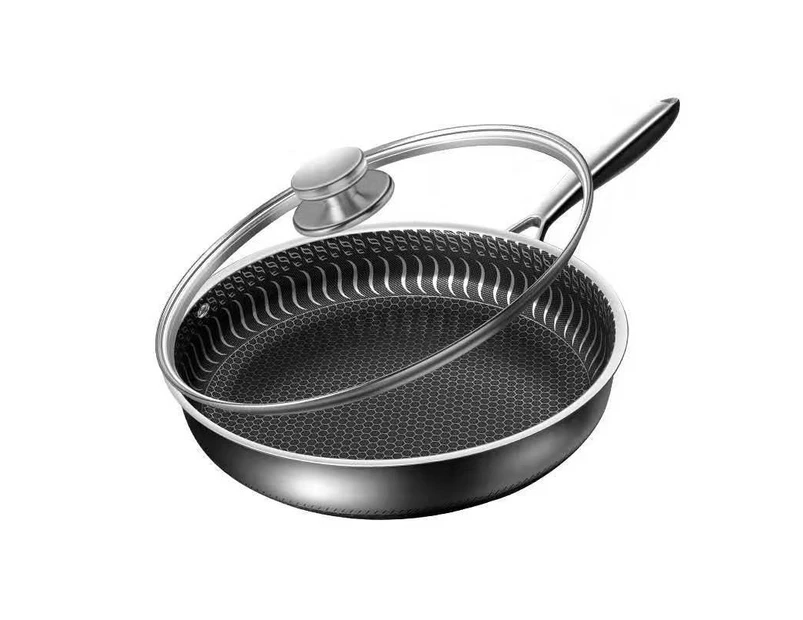 316 Stainless Steel Frying Pan Non-Stick Cooking Frypan Cookware 32cm Honeycomb Double Sided - 32cm with lid