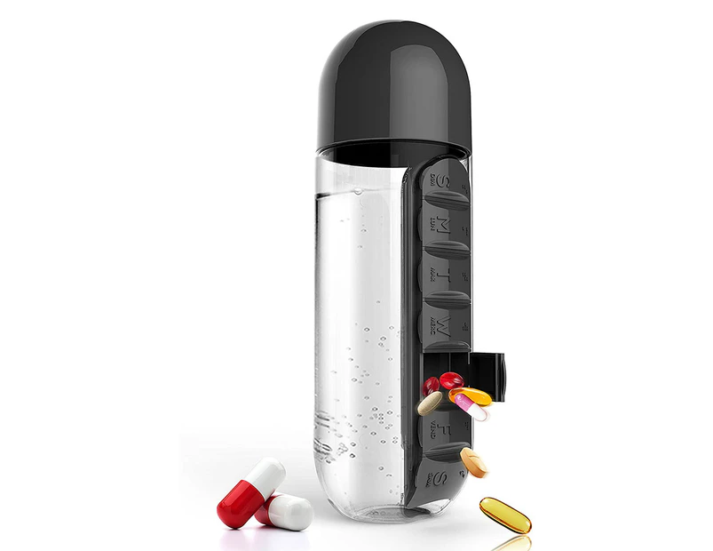 600ml Portable 7Day Water Bottle Pill Box For Office Outdoor Travel-Black