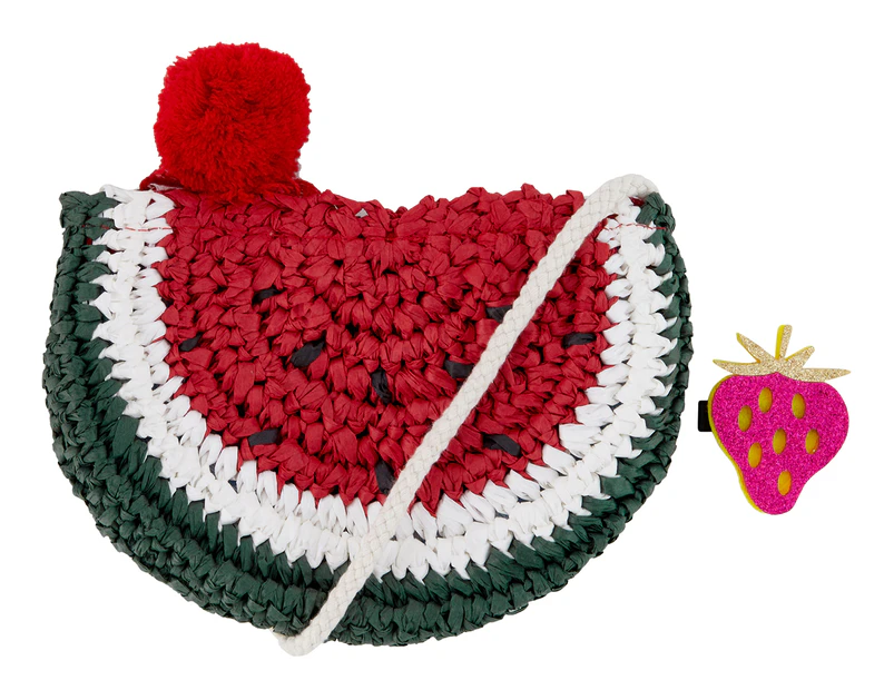 Billy Loves Audrey Watermelon Crochet Bag w/ Glitter Clip - Red