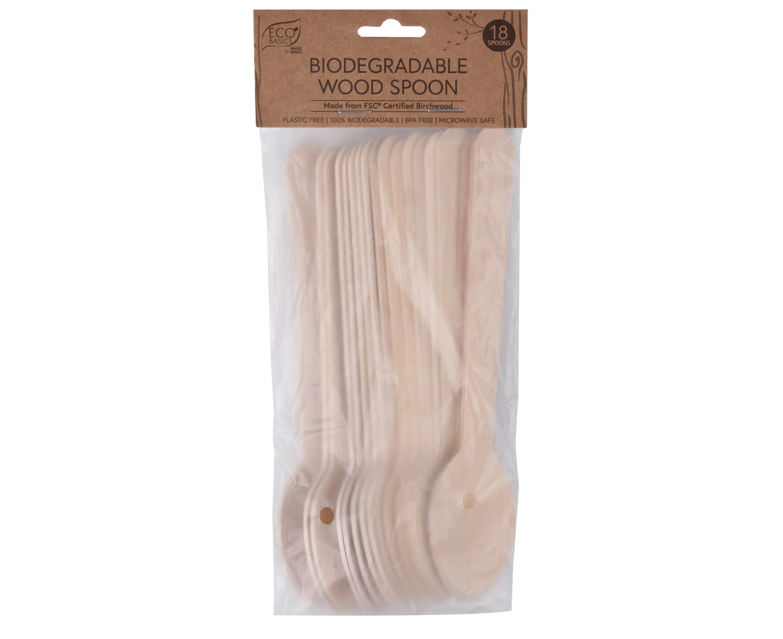 White Magic Eco Basics Biodegradable Wooden Spoons 18-Pack (Carton of 6)