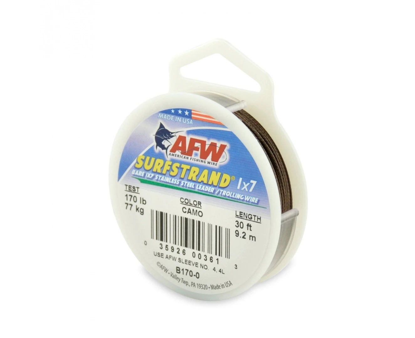 (Camo Brown, 9.1m, 60kg Test) - American Fishing Wire Surfstrand Bare 1x7 Stainless Steel Leader Wire