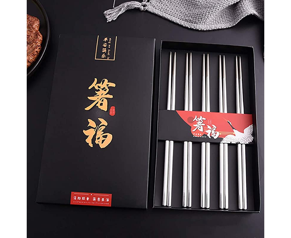 ESTART 5 Pairs Chopsticks Silver 304 Stainless Steel Reusable Metal Chopsticks Hollow Square Shape for Sushi Dinner Tableware Set 
