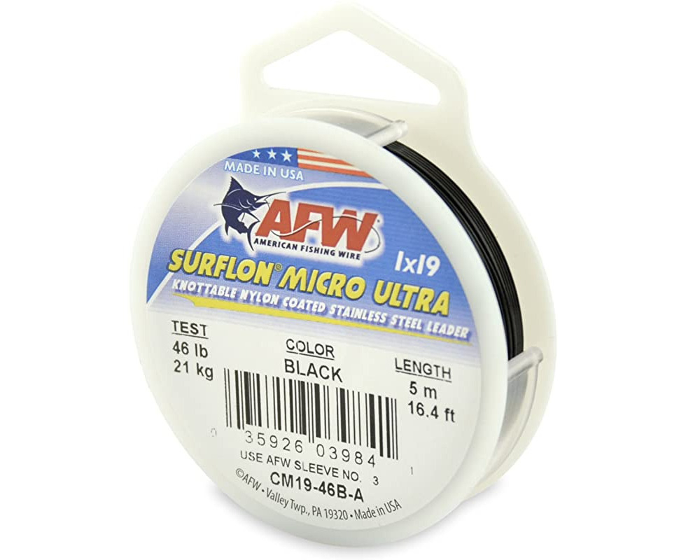 (5 Metre, 16kg Test, Black) - American Fishing Wire Surflon Micro Ultra Nylon Coated 1x19 ...