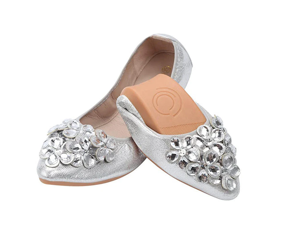 LookBook Women Flat Shoes Rhinestone Sparkly Comfort Slip Ons Shoes-Silver1