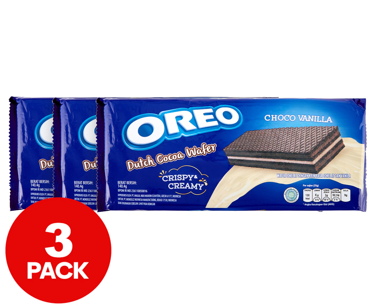 3 x Oreo 140g Double Choc Dutch Cocoa Vanilla Wafer Creamy Cookie/Biscuit Snack