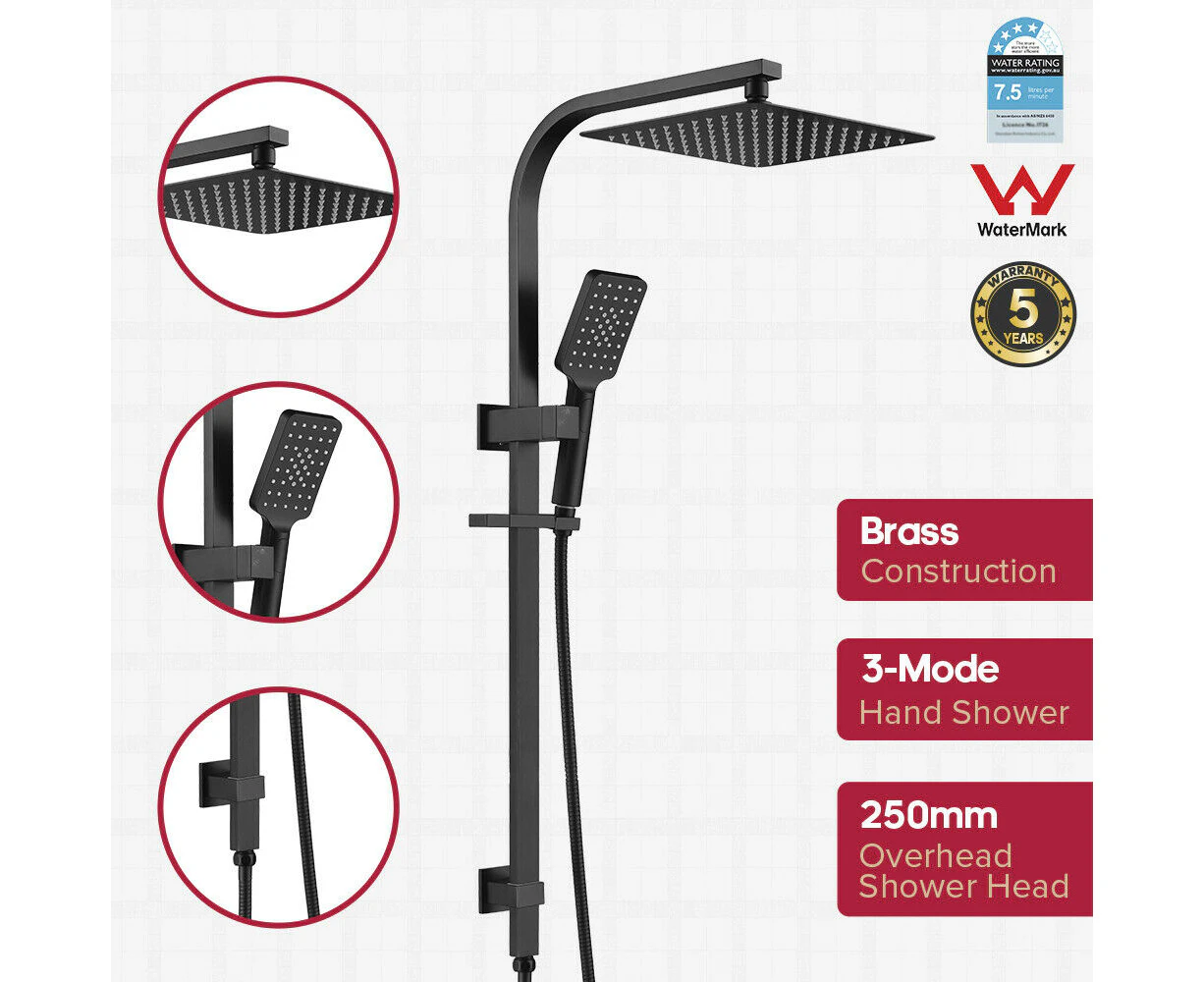 Decaura WELS Black Rail Shower Set 250mm Overhead 3-Mode Handheld Shower Head Set Square