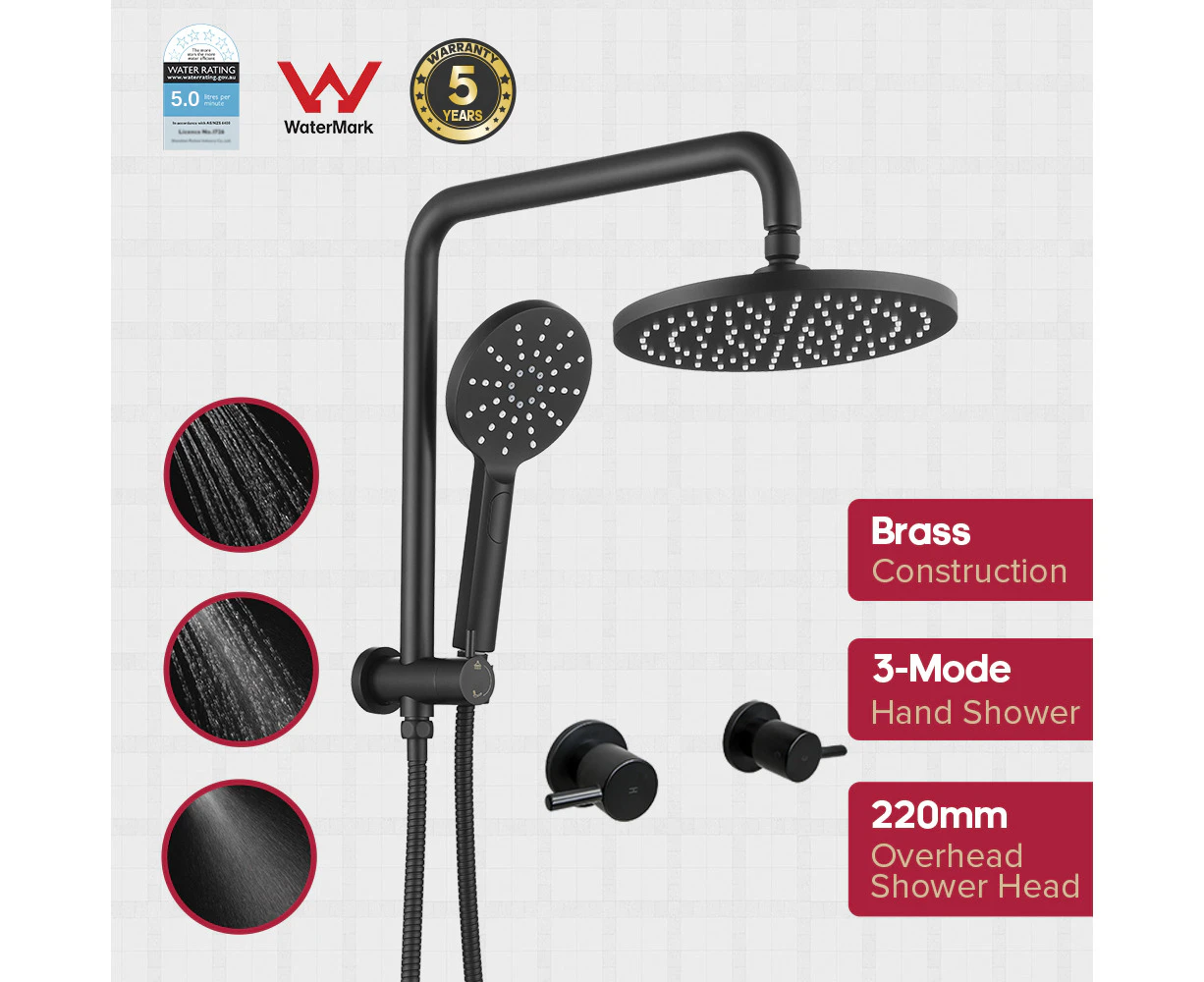 Decaura Rain Shower Head Set 9" Brass Gooseneck Shower Rail Black WELS with Quater Turn Shower Twin Taps